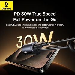 شارژر فندکی فست شارژ ماشین تایپ‌سی 30 وات بیسوس Baseus با کابل فنری متصل تایپ‌سی
