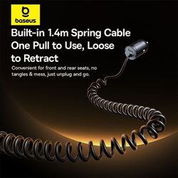 شارژر فندکی فست شارژ ماشین تایپ‌سی 30 وات بیسوس Baseus با کابل فنری متصل تایپ‌سی